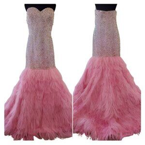 Evening Wedding Cocktail Runway Beaded Crystals Ostrich Feathers Couture Dress L